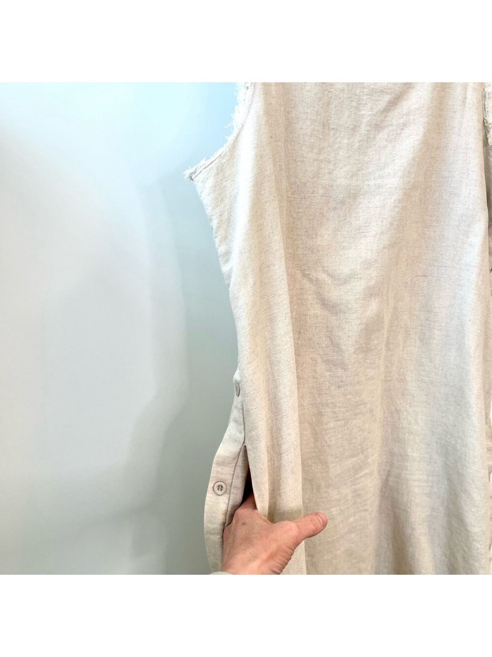 Lost in Lunar Linen Cotton Shift Dress Fringe Trim, Beige Oatmeal Sleeveless, S - Picture 5 of 16